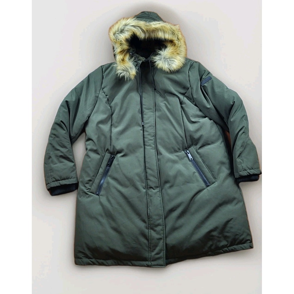 Sam Edelman Womens 1X Olive Green Down Faux Fur Trim Hooded Parka Winter Coat